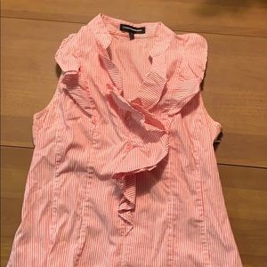 Pink/coral and white stripe blouse with ruffle